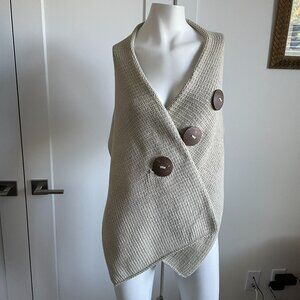 Pure Handknit Cozy Stylish 100% Cotton 3 Button Boho Knit Shawl/Wrap Khaki Cream